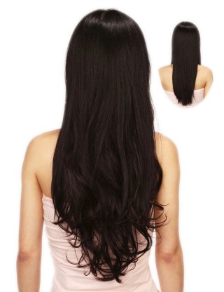 Lesalon 半頭套 中長髪接髪片 高溫絲假髪 微卷 半頭套假髪自然黑 61302